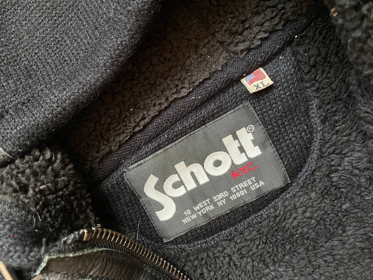 Schott black hoodie with sherpa lining, leather trim, size XL, made in USA.