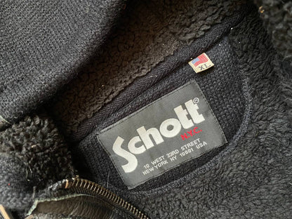 Schott black hoodie with sherpa lining, leather trim, size XL, made in USA.