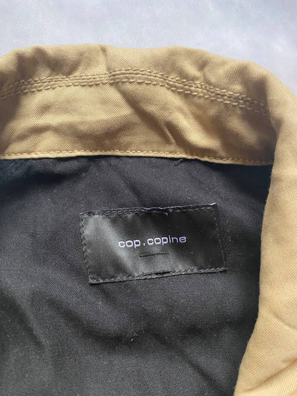 Cop.Copine beige and black trench coat, 100% Lyocell, button closures, adjustable sleeve straps.
