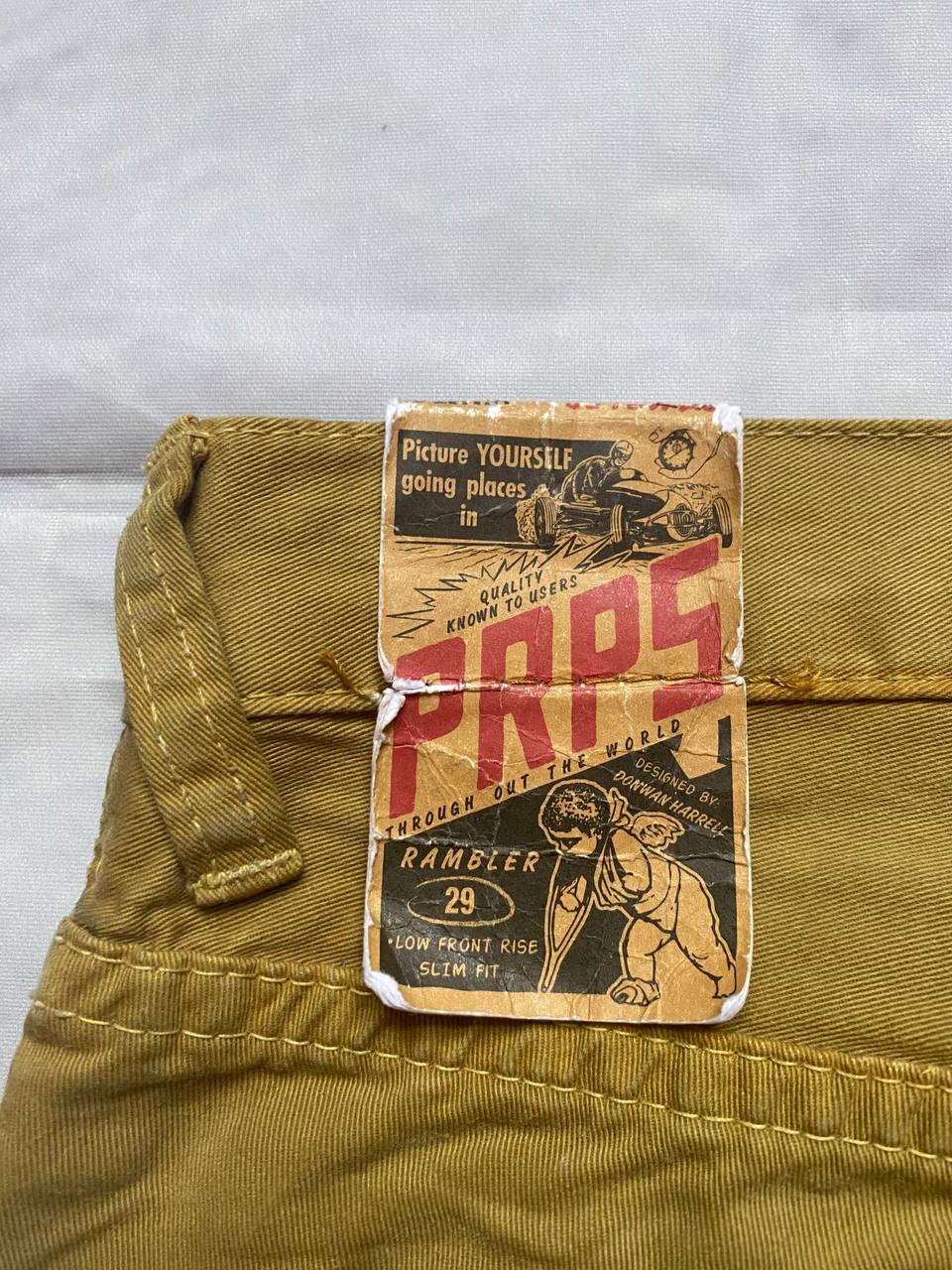 Prps brown cotton trousers with leather logo label and classic 5-pocket styling.