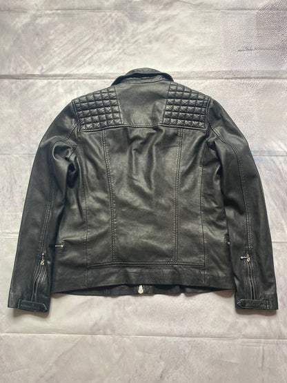 All Saints black quilted leather biker jacket with zippered pockets and adjustable cuffs.