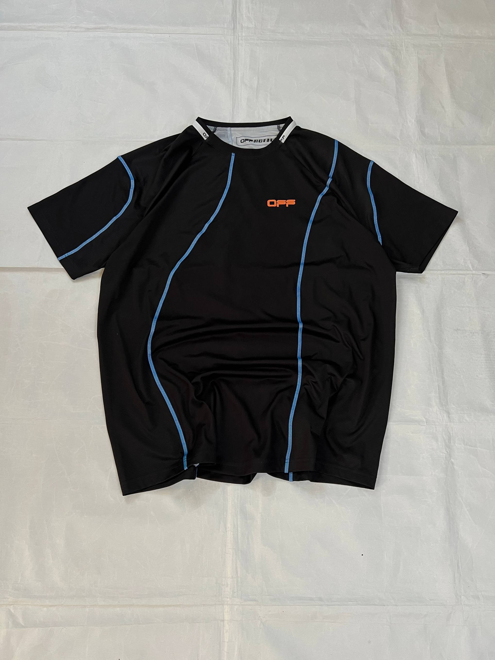 OFF black technical t-shirt with blue stitching and orange logo accents.