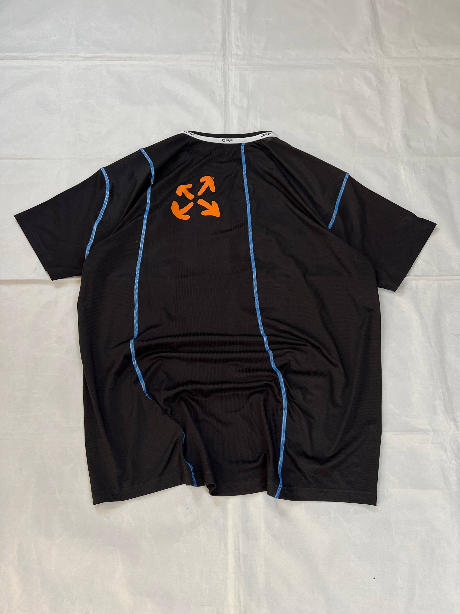 OFF black technical t-shirt with blue stitching and orange logo accents.