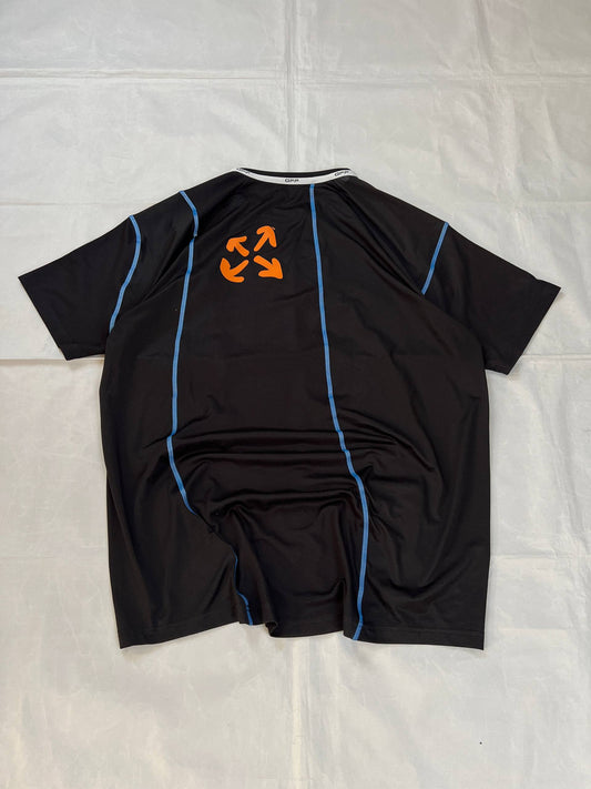 OFF black technical t-shirt with blue stitching and orange logo accents.