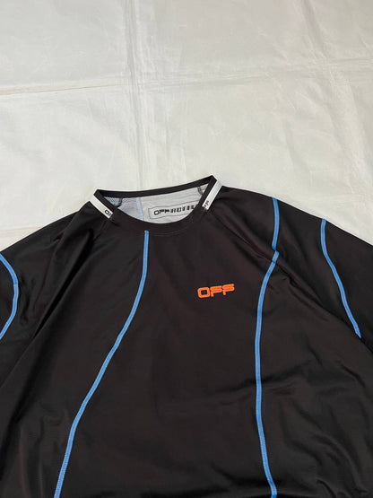 OFF black technical t-shirt with blue stitching and orange logo accents.