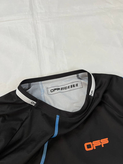 OFF black technical t-shirt with blue stitching and orange logo accents.