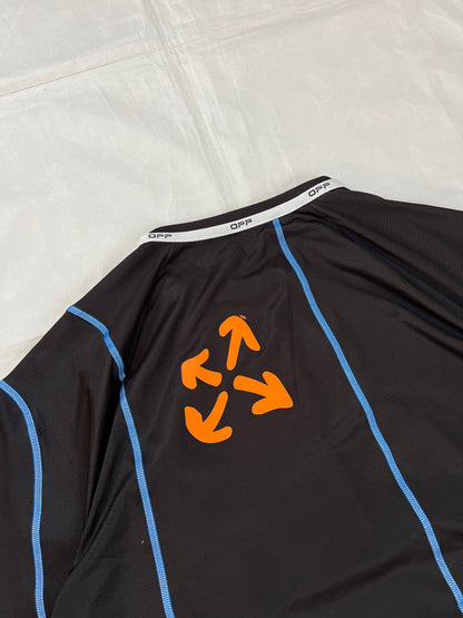 OFF black technical t-shirt with blue stitching and orange logo accents.