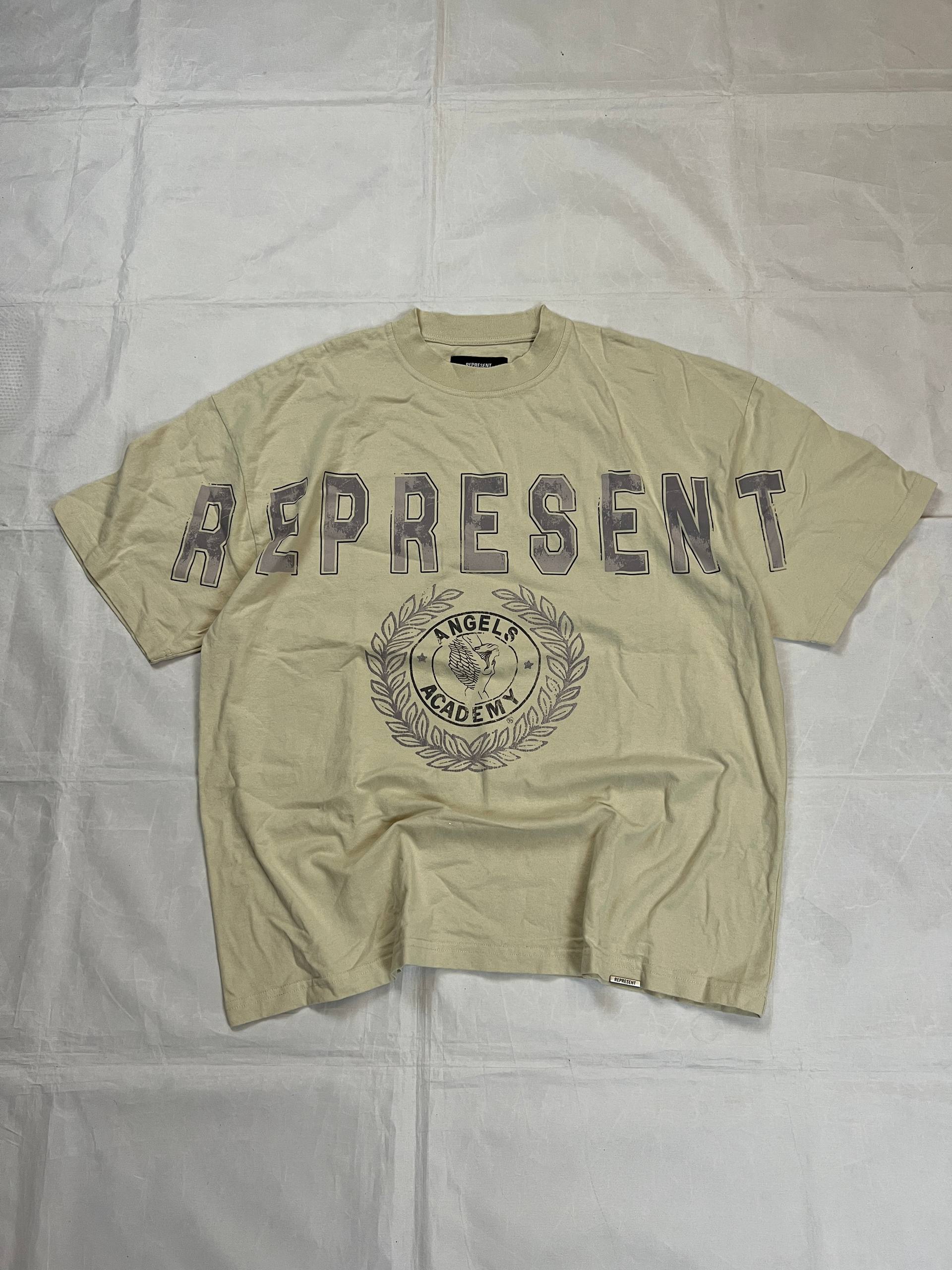 Represent beige cotton T-shirt XL with large 'REPRESENT' print and 'Angels Academy' emblem.