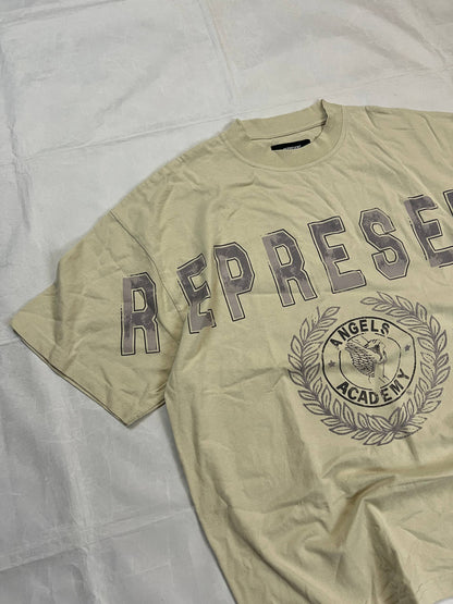 Represent beige cotton T-shirt XL with large 'REPRESENT' print and 'Angels Academy' emblem.