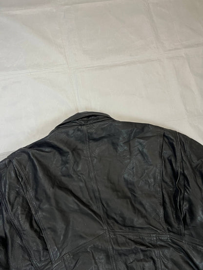 Bomber black leather bomber jacket with flap pockets and patterned lining.