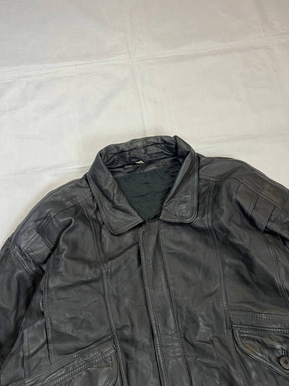 Bomber black leather bomber jacket with flap pockets and patterned lining.