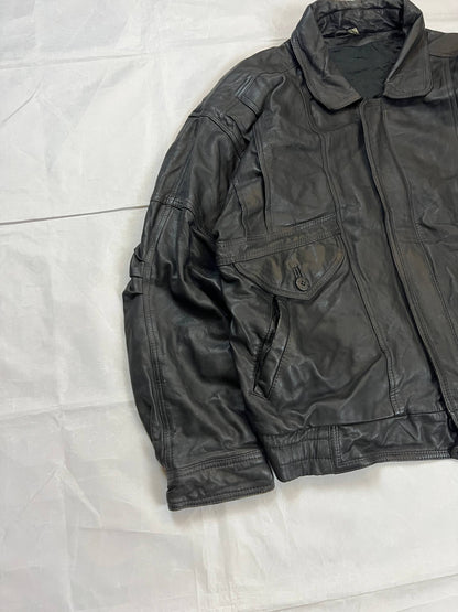 Bomber black leather bomber jacket with flap pockets and patterned lining.