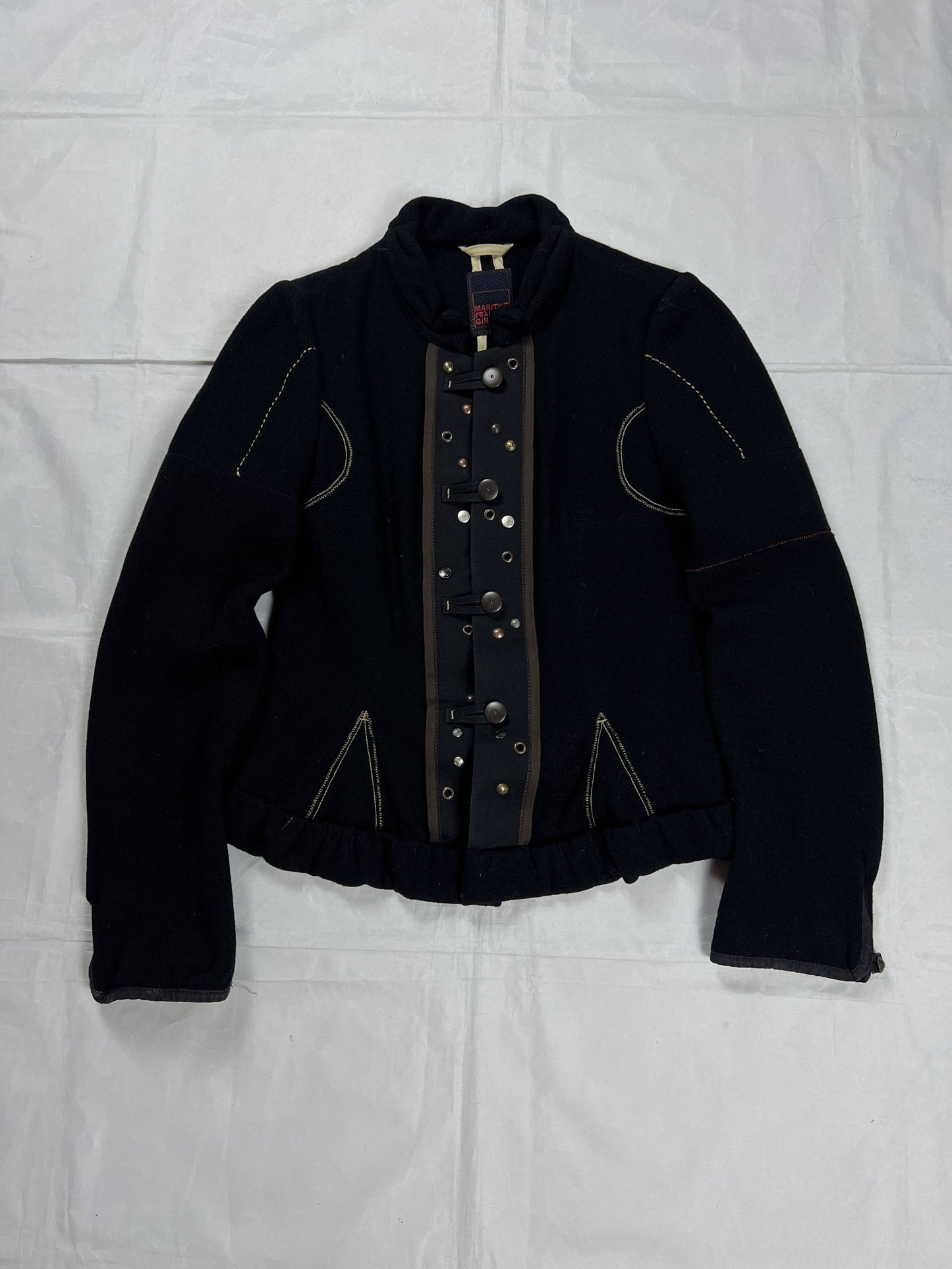 MARITHÉ & FRANÇOIS GIRBAUD black wool jacket unique toggle closure and contrast stitching details.