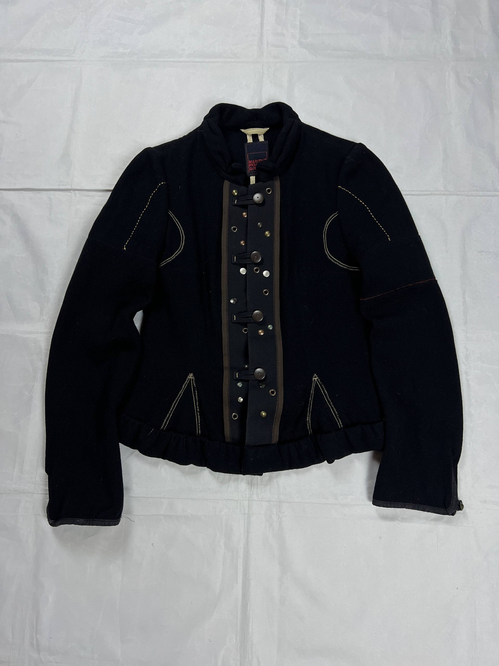 MARITHÉ & FRANÇOIS GIRBAUD black wool jacket unique toggle closure and contrast stitching details.