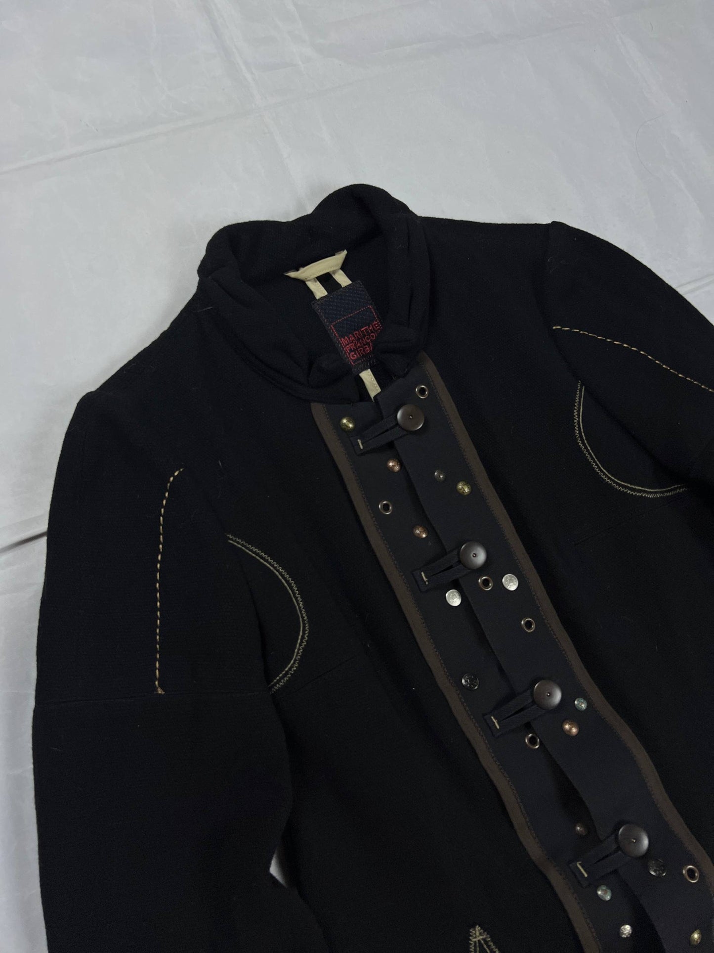 MARITHÉ & FRANÇOIS GIRBAUD black wool jacket unique toggle closure and contrast stitching details.