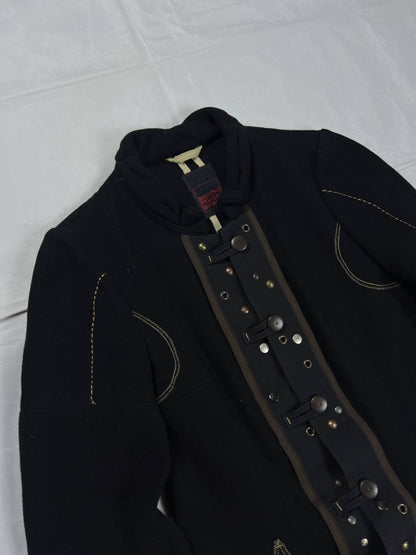 MARITHÉ & FRANÇOIS GIRBAUD black wool jacket unique toggle closure and contrast stitching details.