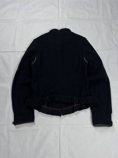 MARITHÉ & FRANÇOIS GIRBAUD black wool jacket unique toggle closure and contrast stitching details.