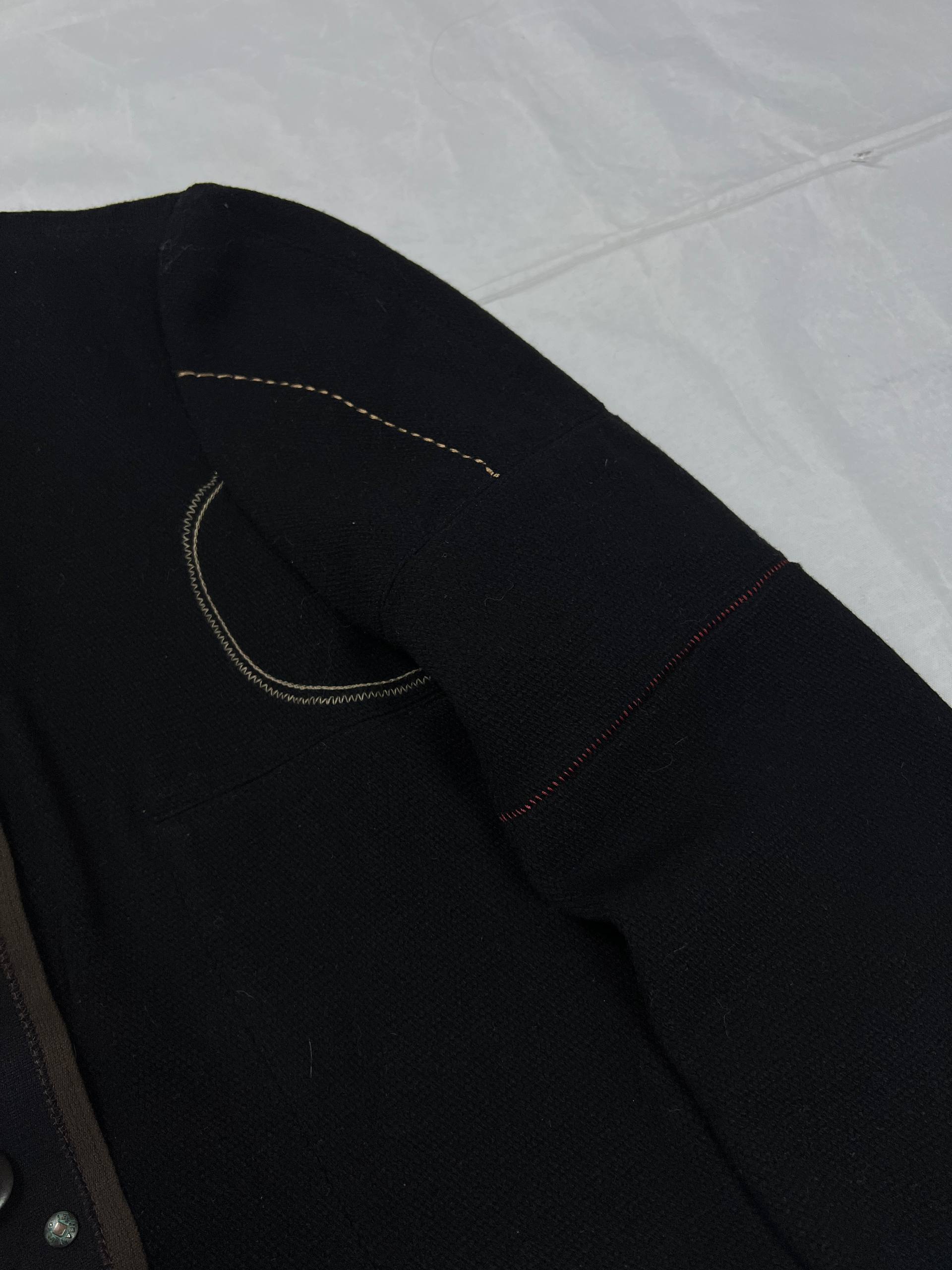 MARITHÉ & FRANÇOIS GIRBAUD black wool jacket unique toggle closure and contrast stitching details.