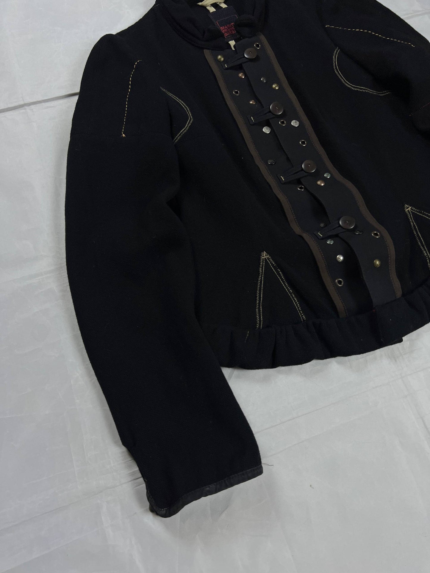 MARITHÉ & FRANÇOIS GIRBAUD black wool jacket unique toggle closure and contrast stitching details.