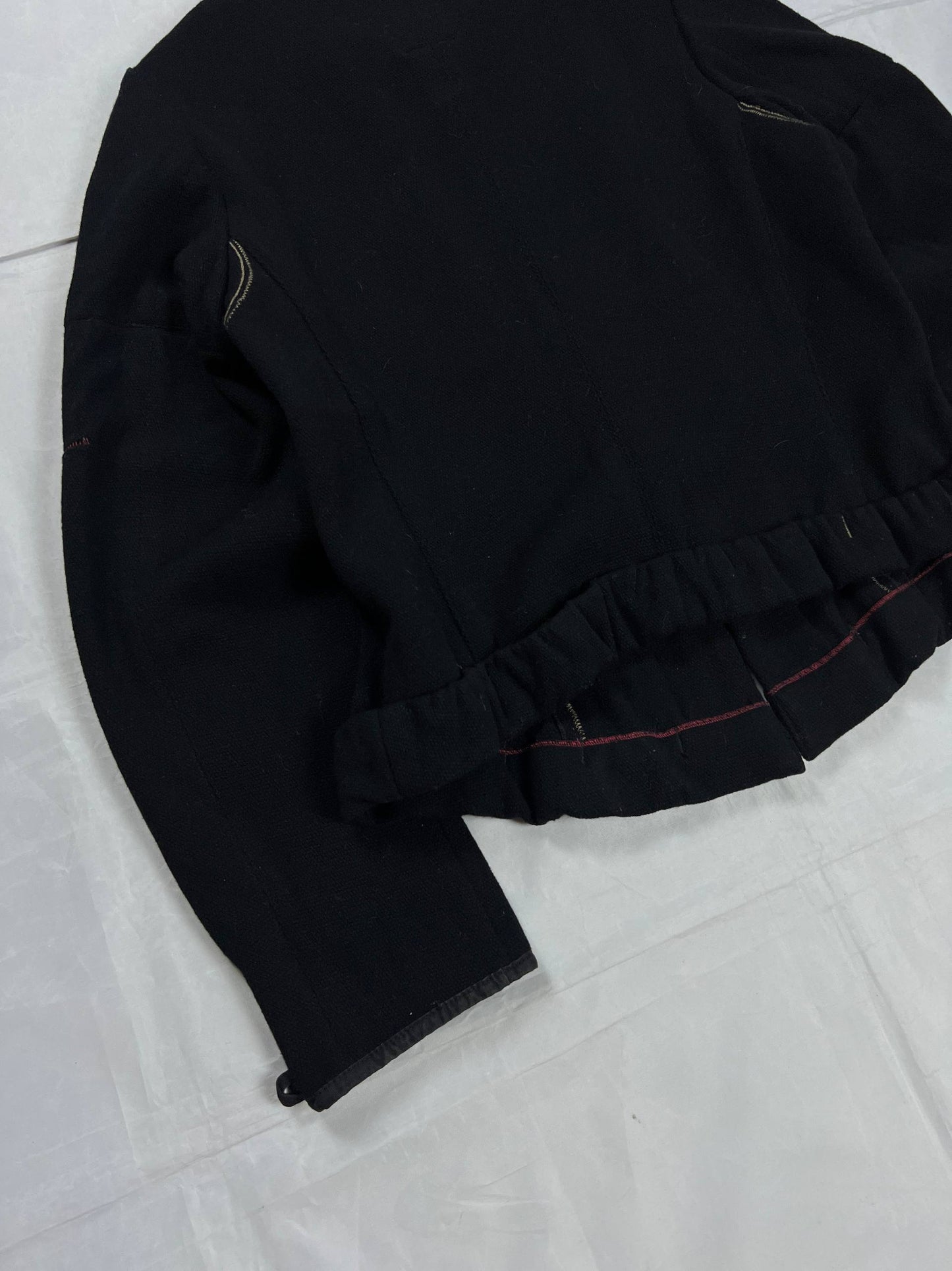 MARITHÉ & FRANÇOIS GIRBAUD black wool jacket unique toggle closure and contrast stitching details.