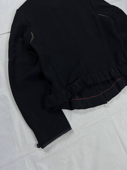 MARITHÉ & FRANÇOIS GIRBAUD black wool jacket unique toggle closure and contrast stitching details.