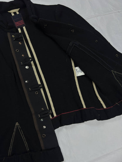 MARITHÉ & FRANÇOIS GIRBAUD black wool jacket unique toggle closure and contrast stitching details.